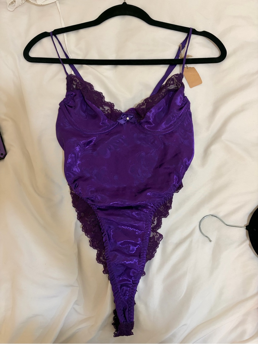 Silky Purple Lace-Trim Satin Chemise Bodysuit